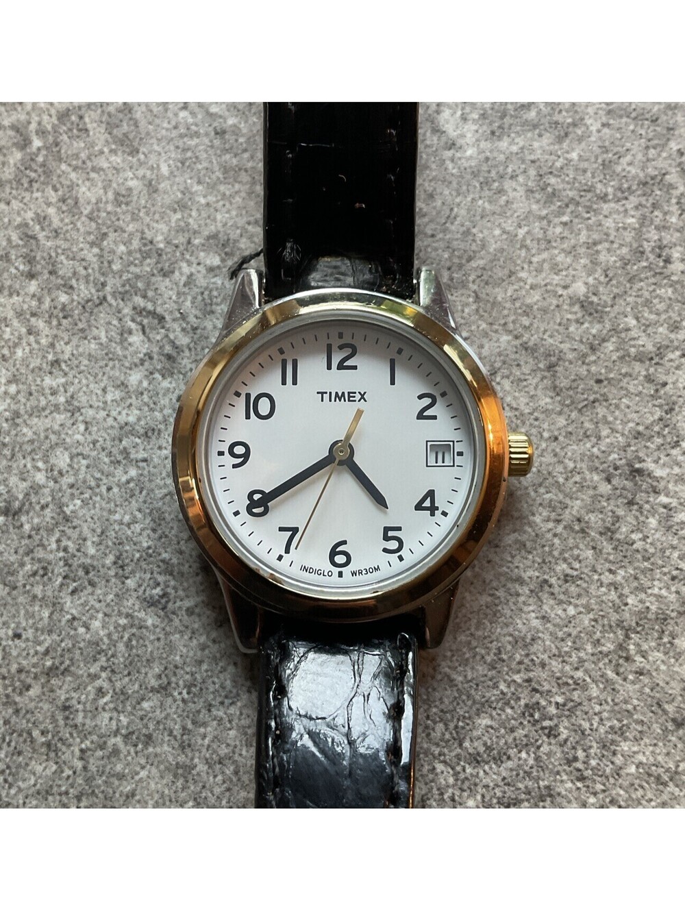 Timex Easy Reader Womens Watch Two Tone Case White Dial Black Leather Band D2